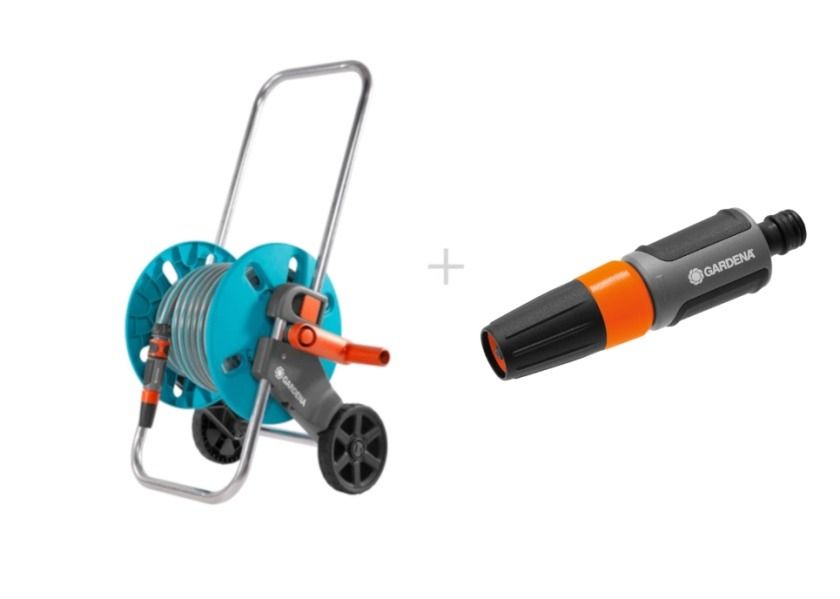 Zestaw Wózek na wąż AquaRoll S 18502-20 + wąż 1/2" 20m + Zraszacz prosty 18300-20 Gardena