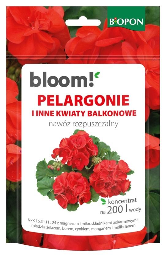 Nawóz rozpuszczalny Pelargonie i inne kwiaty balkonowe BLOOM 200g Bopon1