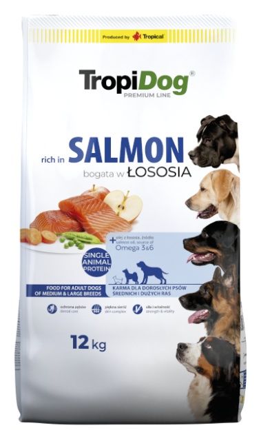 Karma dla psów średnich i dużych Łosoś i Ryż 12kg TropiDog