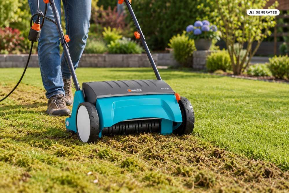 Elektryczny aerator GARDENA ES 500 podczas usuwania mchu z trawnika - AI GENERATED Elektryczny aerator GARDENA ES 500 podczas usuwania mchu z trawnika - AI GENERATED