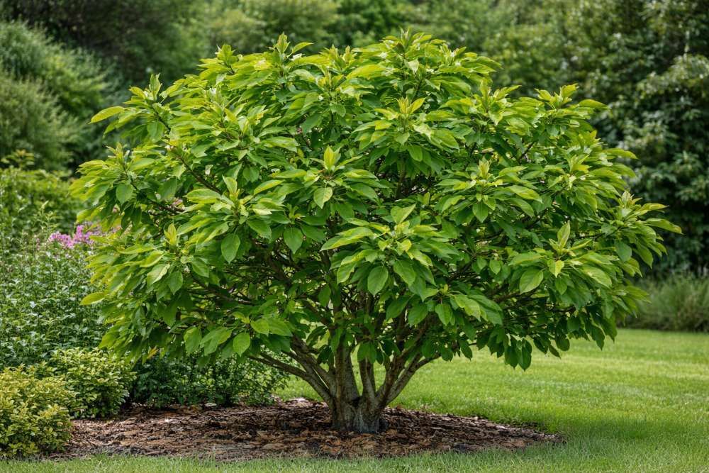 Magnolia po przekwitnięciu z rozwiniętymi zielonymi liśćmi w ogrodzie