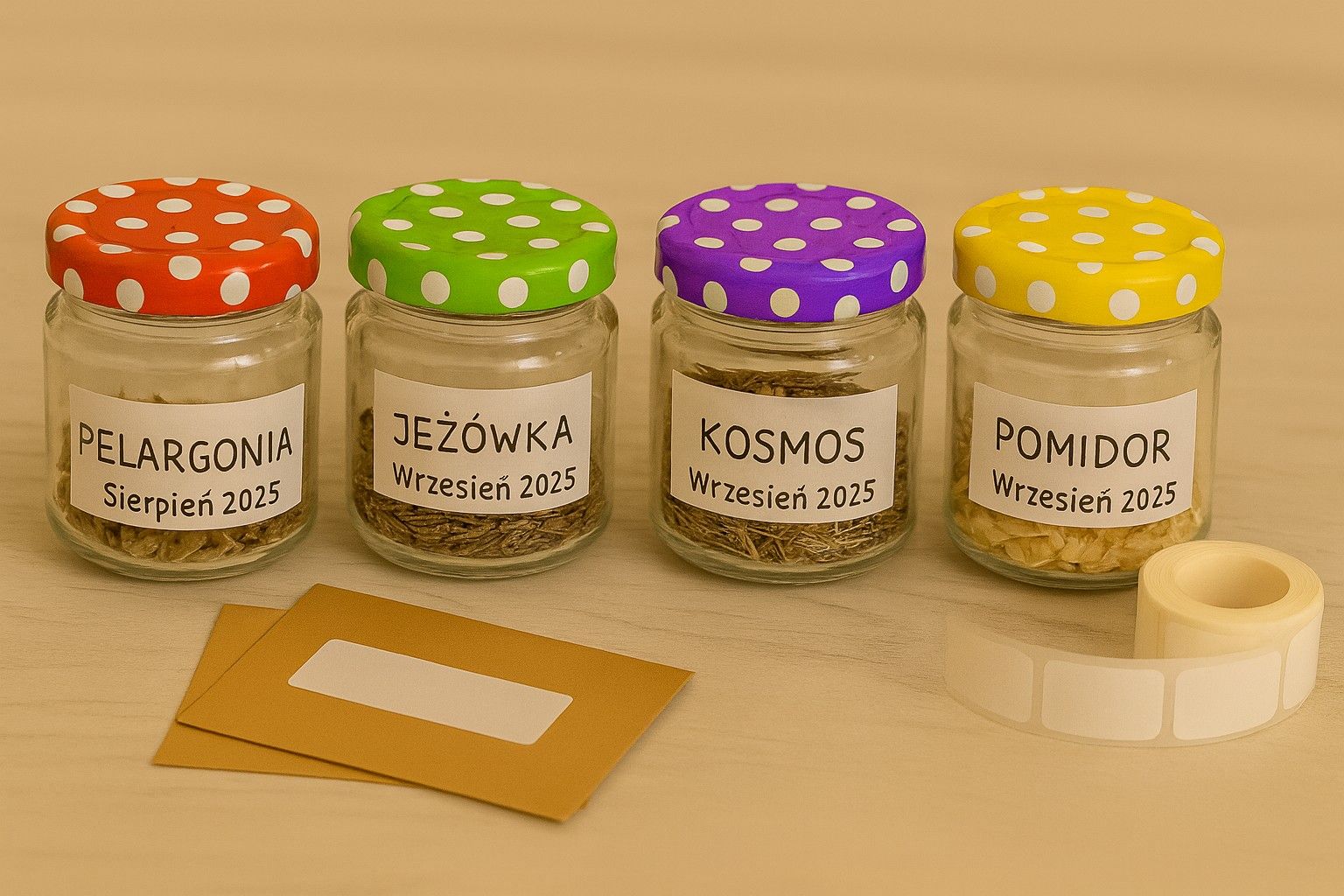 Słoiki z opisanymi nasionami pelargonii, jeż&oacute;wki, kosmosu i pomidora przygotowane do przechowania